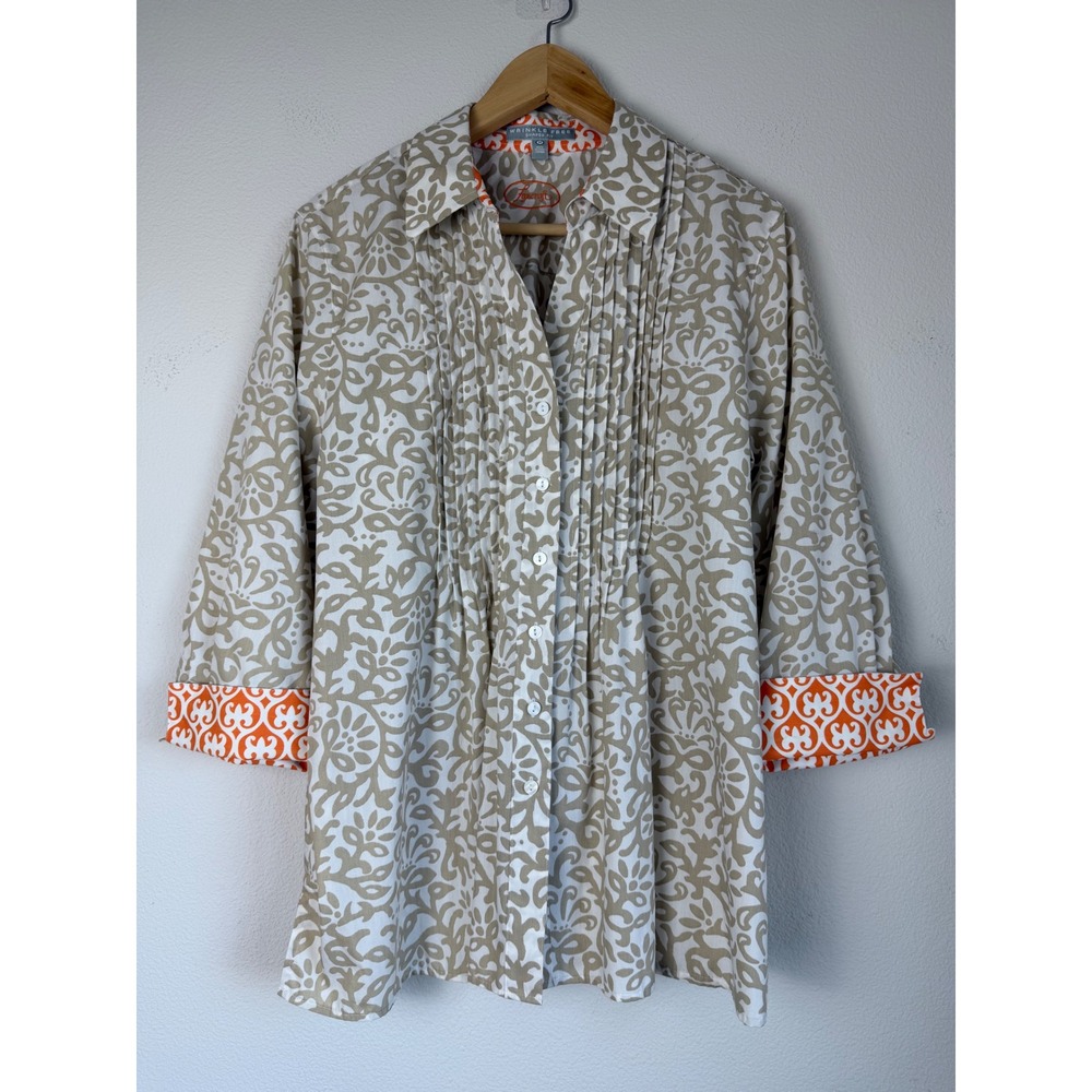 Foxcroft Women Cotton Shirt 14 Tan Damask Pintuck Wrinkle Free Blouse Career